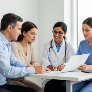A patient, a family member, a doctor, and a nurse collaboratively discussing a medical chart, signifying shared decision-making in healthcare.