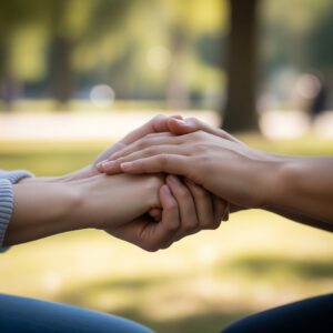 Two hands gently clasped together, symbolizing support and understanding during a conversation.