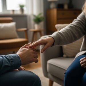 A hand reaching out to another, offering support and guidance, against a blurred background of a living space.