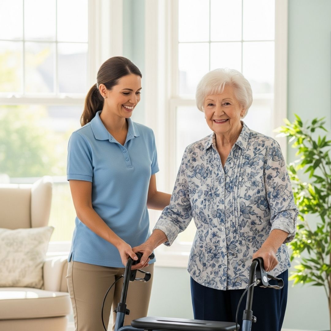 A caregiver provides mobility support to a senior woman, demonstrating an adaptable care plan.