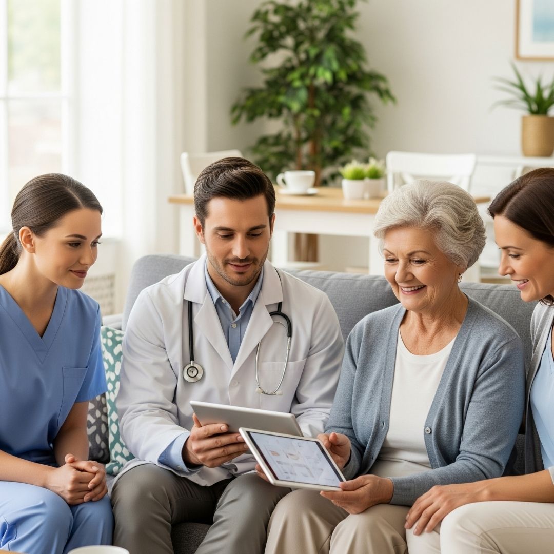 A family, doctor, and caregiver collaborate on a senior's customized care plan.