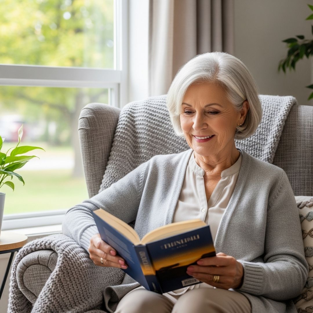 A happy senior enjoying a book at home, showcasing the quality of life from personalized care.