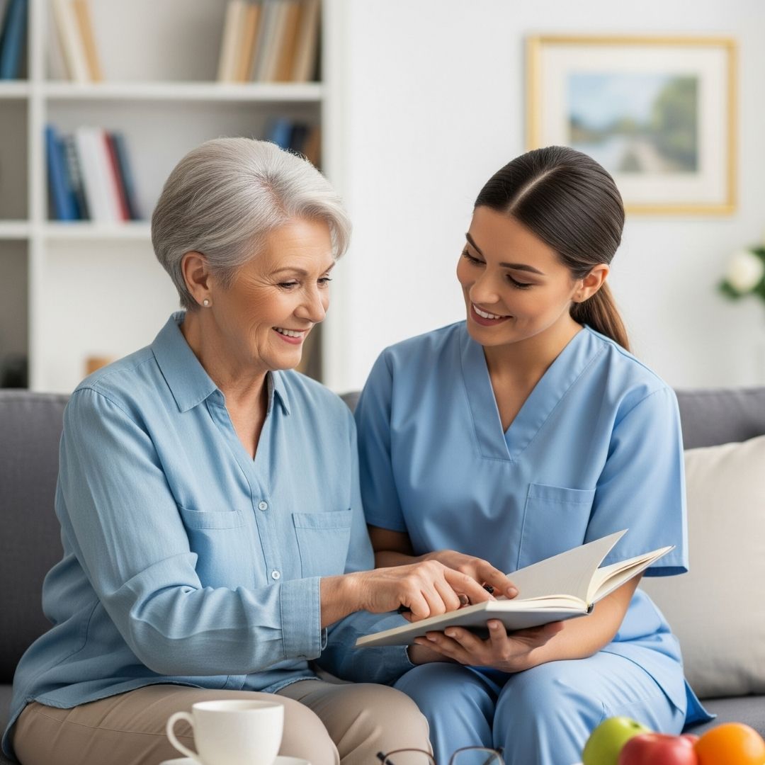 A caregiver and a senior woman in Naples, FL, discussing an individualized care plan.