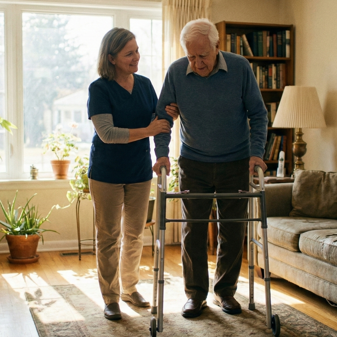 a caregiver gently assisting an older man with a mobility walker