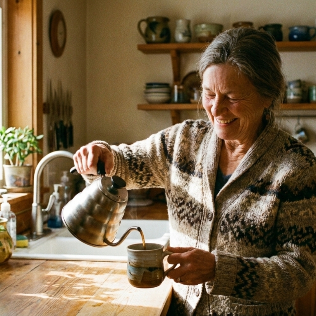an older woman smiling while pouring coffee