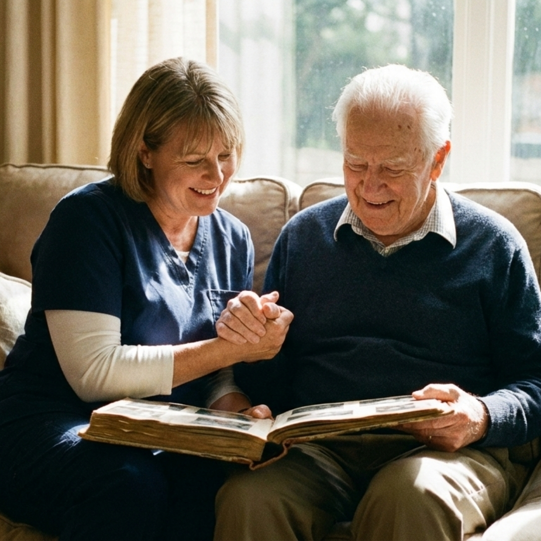 a caregiver holding hands with an older gentleman, looking at a photo album together
