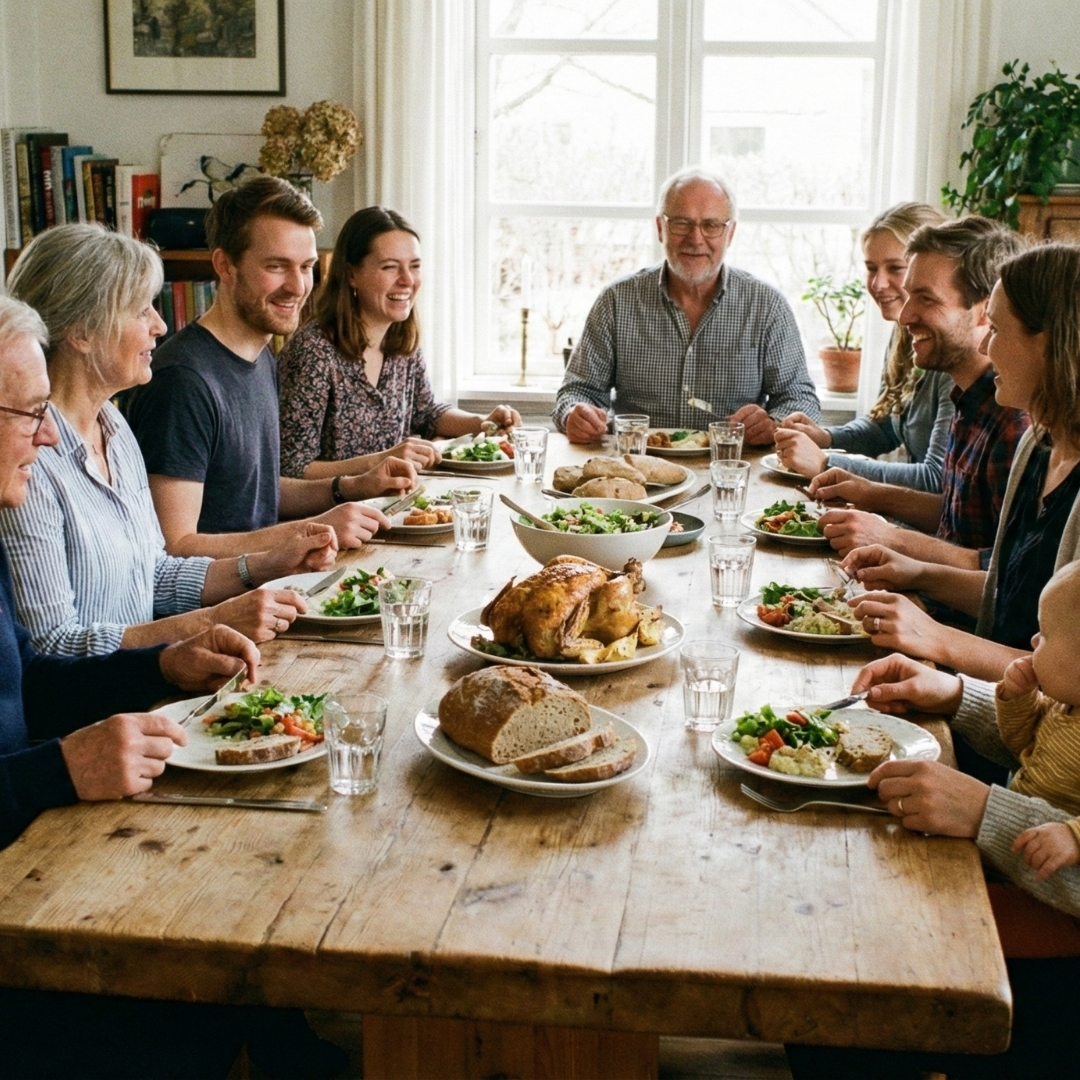 a multi-generational family sitting around a wooden dining table and talking